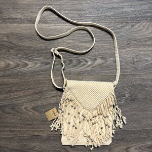 NEW American Eagle Bohemian Macrame Fringe Crossbody Bag Silver Beaded Boho